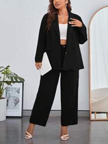 SHEIN Essnce Plus Solid Blazer & Wide Leg Pants - Black - View 3