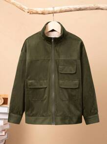 SHEIN Tween Boys Coats Kantong Zip Plain Casual - Hijau Tentara - View 3