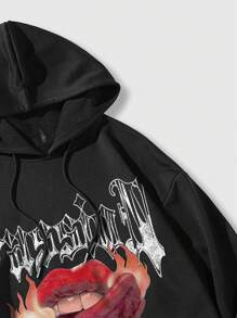 ROMWE MEN Grunge Punk Men Lip & Letter Graphic Drawstring Hoodie - Black - View 5