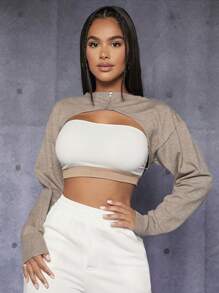 SHEIN PETITE 素色超短版開襟衫不附抹胸 - 卡其色 - 查看 7