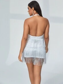 Váy xếp tầng có dây viền trang trí không lưng đính sequin - Bạc - Xem 2