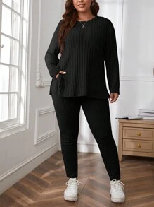 SHEIN Essnce Plus Ribbed Knit Split Hem Tee & Leggings - Black - View 4