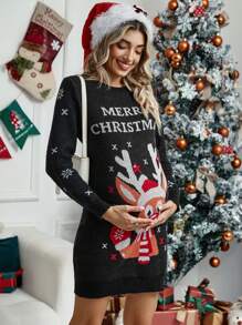 SHEIN Maternity Christmas Elk & Slogan Pattern Sweater Dress With Long Sleeve, For Winter - Multicolor - View 5