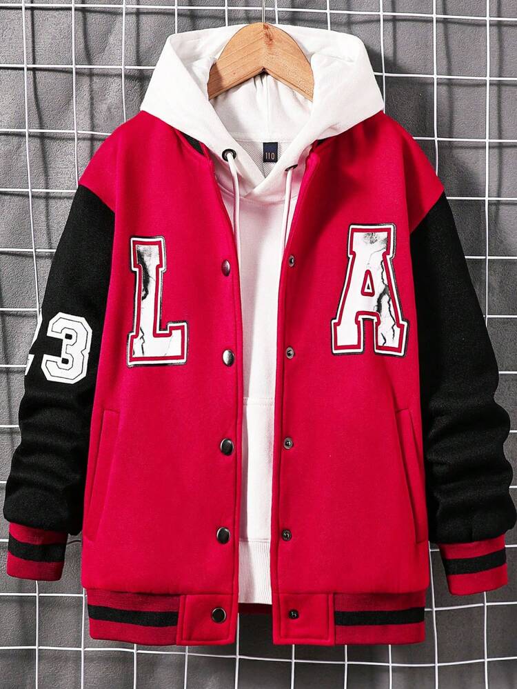 Tween Boy Letter Graphic Colorblock Drop Shoulder Varsity Jacket Without Hoodie