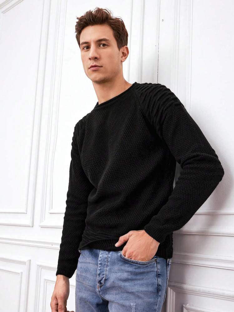 RueChic Men Solid Raglan Sleeve Sweater - Black - View 5