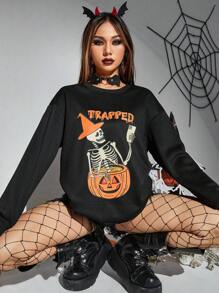 PUNK Halloween Print Drop Shoulder Sweatshirt - Black - View 6