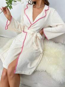Miss Vinta Contrast Binding Belted Flannel Lounge Robe - Apricot - View 5
