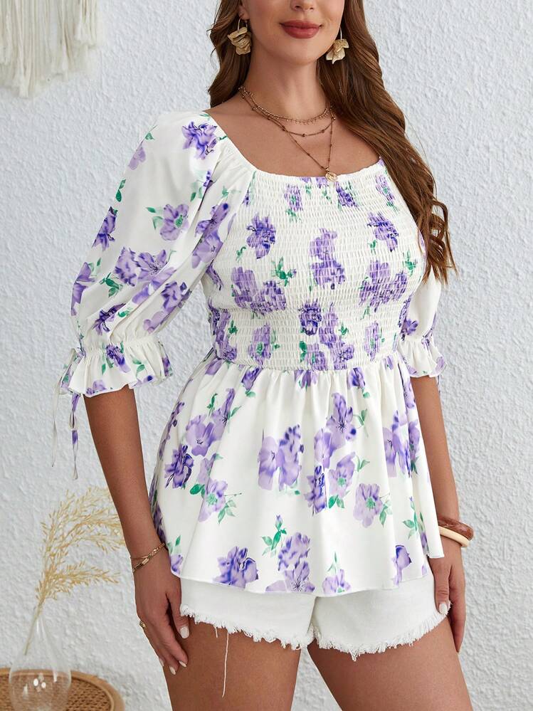 SHEIN VCAY Plus Floral Print Square Neck Knot Cuff Peplum Blouse - Multicolor - View 4