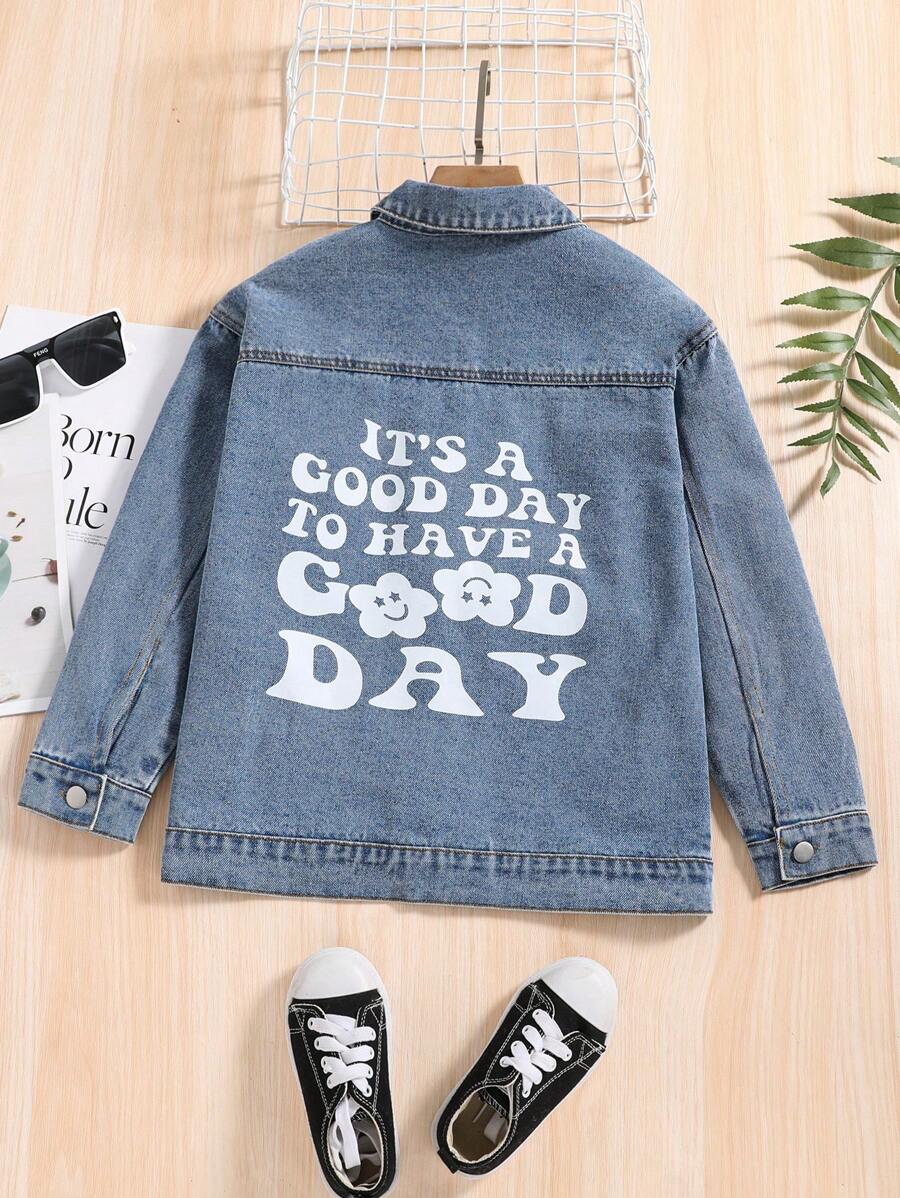 女大童標語圖案翻蓋細節牛仔夾克 - 淺色水洗藍 - 查看 1