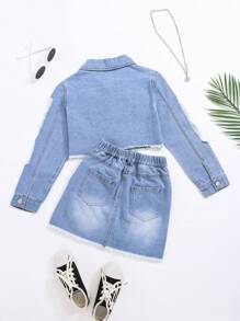 Tween Girl Ripped Raw Hem Denim Jacket & Skirt Without Tee - Light Wash - View 2