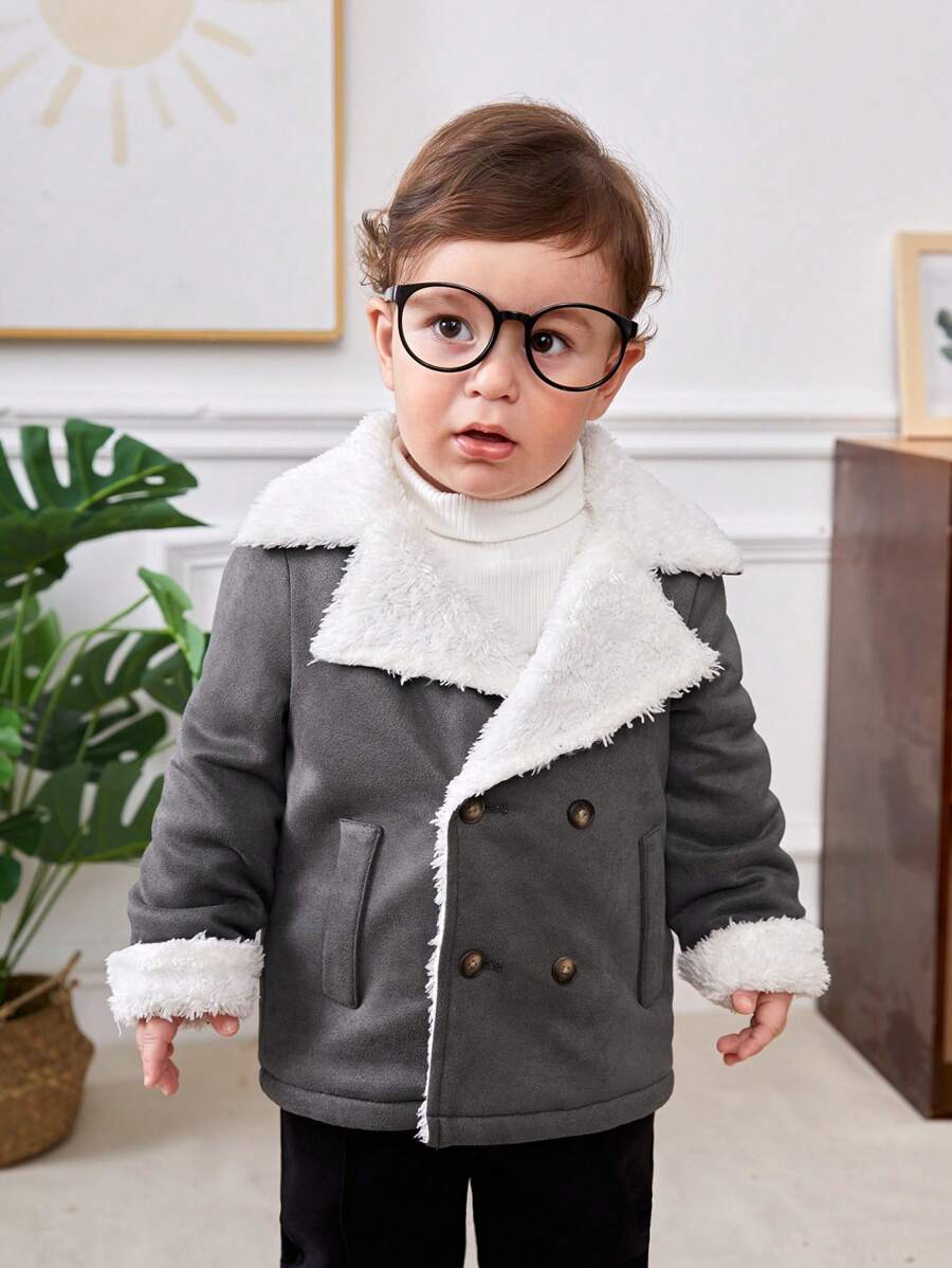 SHEIN Baby Boy Double Breasted Teddy Lined Coat Without Sweater - Dark Grey - View 1