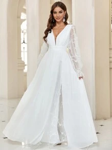 SHEIN Belle Plunging Neck Flare Sleeve Split Thigh Embroidery Mesh Wedding Dress, White Elegant Long Sleeve Bridal Dress, Bridal Shower Dress White Dress