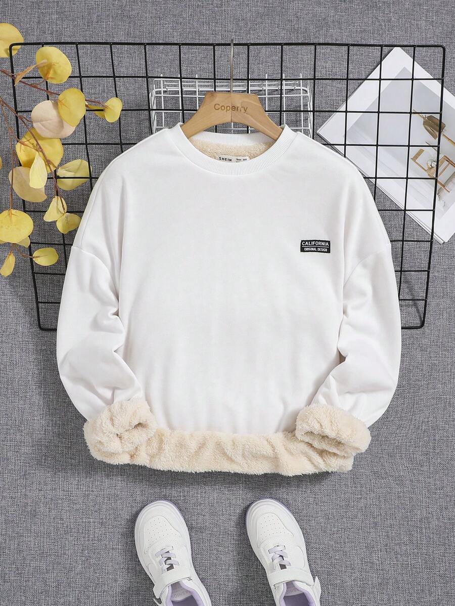 Teen Girl Letter Patched Detail Teddy Lined Sweatshirt - White - View 1