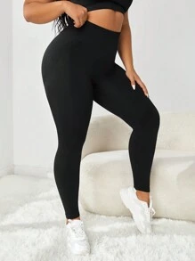 Yoga Basic 大碼四種寬腰帶運動打底褲 - 黑色 - 查看 4