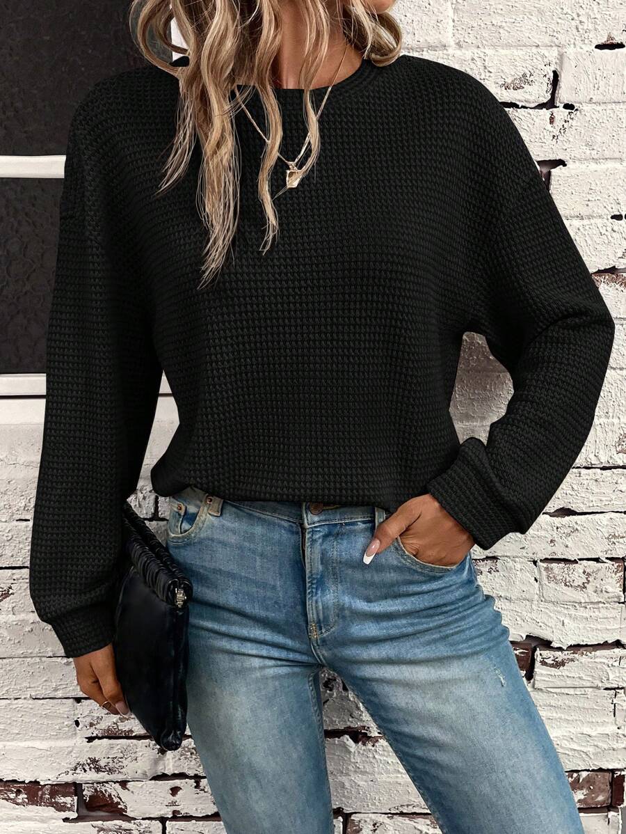 SHEIN LUNE Solid Drop Shoulder Sweatshirt - Black - View 1