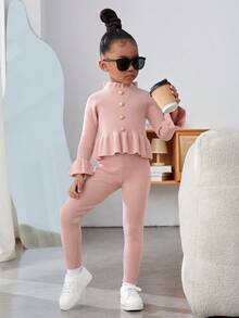 Cô Gái Trẻ Viền Ruffle tay áo lá sen Xoay eo Áo len & Đan Xà cạp - Màu Hồng baby - Xem 5