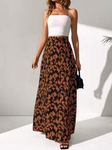 SHEIN Tall Allover Print High Waist Maxi Skirt - Coffee Brown - View 6