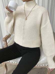 SHEIN Clasi 高领落肩开衩下摆针织套头衫秋冬毛衣 - 杏色 - 查看 5