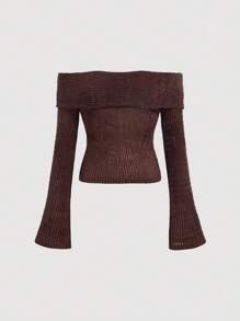 SHEIN MOD 一字肩荷葉袖T恤 - 巧克力棕 - 查看 1