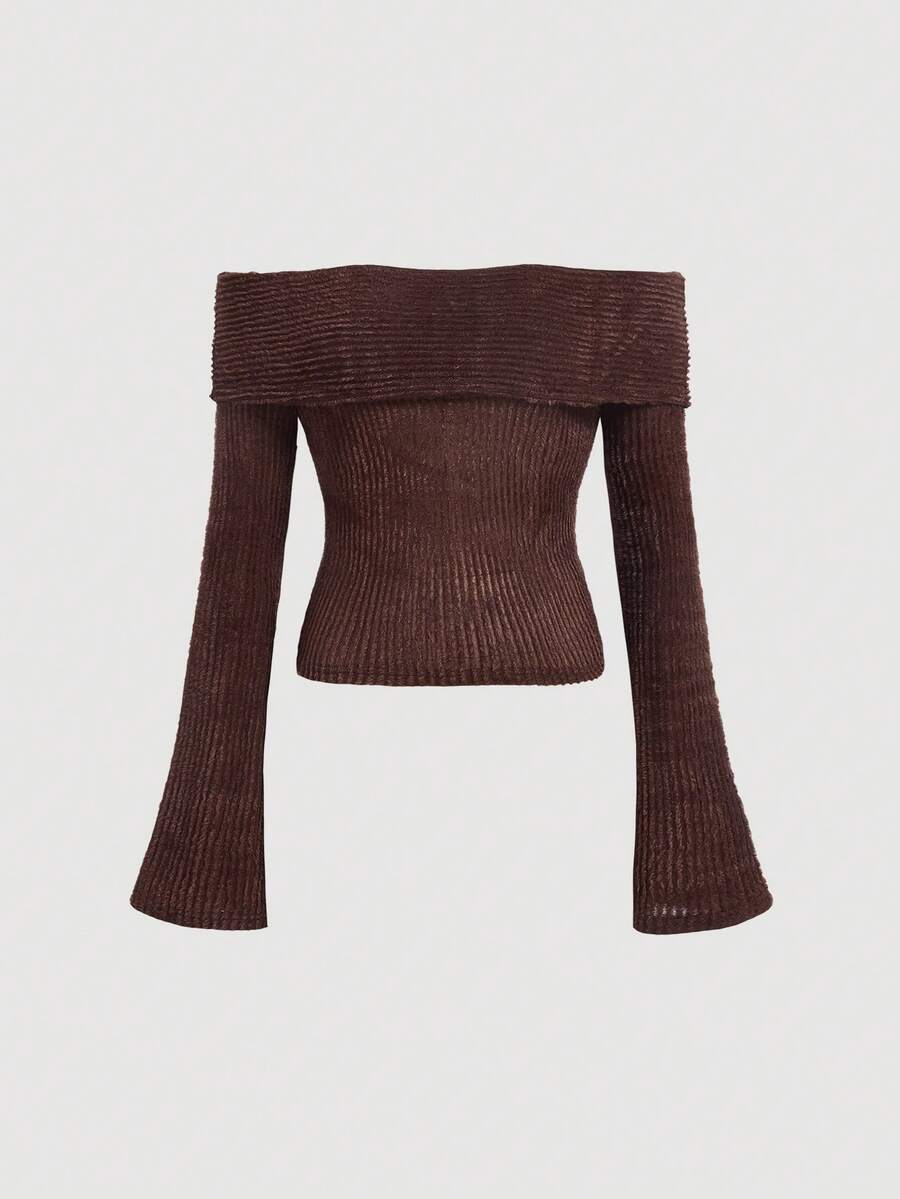 SHEIN MOD 一字肩荷葉袖T恤 - 巧克力棕 - 查看 1