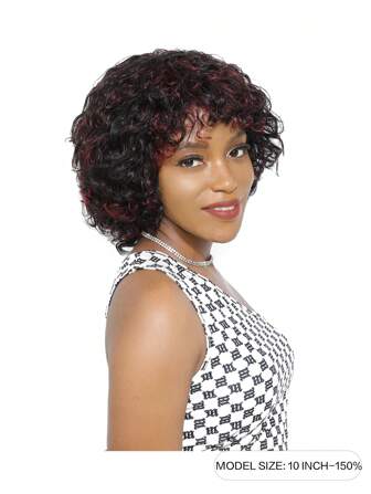 NATURAL Curly Wave Wig With Bangs Short Colored Human Hair Wig Machine Made Wig