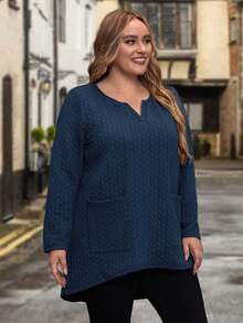 EMERY ROSE Plus Notched Neckline Pocket Patched High Low Hem Tee - Navy Blue - View 5