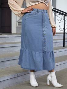 SHEIN Privé 大碼紐扣門襟荷葉邊牛仔半身裙 - 藍色 - 查看 5