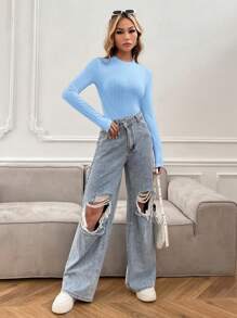 SHEIN Essnce Solid Ribbed Knit Bodysuit - Baby Blue - View 4