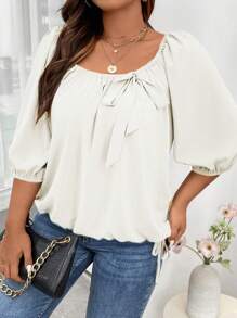 Calvaya Plus Knot Front Lantern Sleeve Blouse - White - View 3