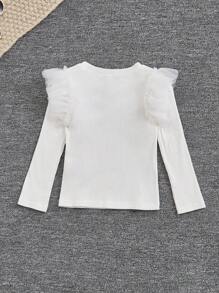 SHEIN Young Girl Contrast Mesh Ruffle Trim Ribbed Knit Tee