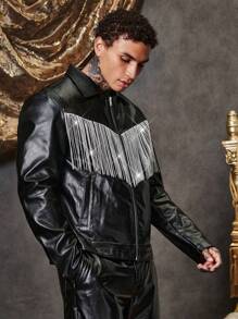 GENTILAND Áo khoác da PU viền tua rua dáng rộng cho nam - màu đen - Xem 5