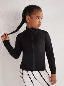 SHEIN Cô gái Tween Cổ giả Dây kéo Hoạt động Áo khoác - màu đen - Xem 4