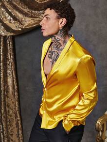 GENTILAND Men Shawl Collar Satin Shirt - Gold - View 4