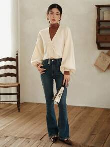 DAZY Áo khoác cardigan tay loe thắt nút phía trước, quần áo mùa thu - Màu be - Xem 5