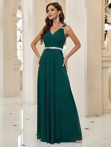 SHEIN Belle 亮片細節雪紡伴娘洋裝 - 墨綠色 - 查看 4