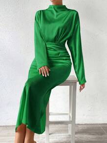 SHEIN Clasi Mock Neck Ruched Detail Dress - Green - View 5