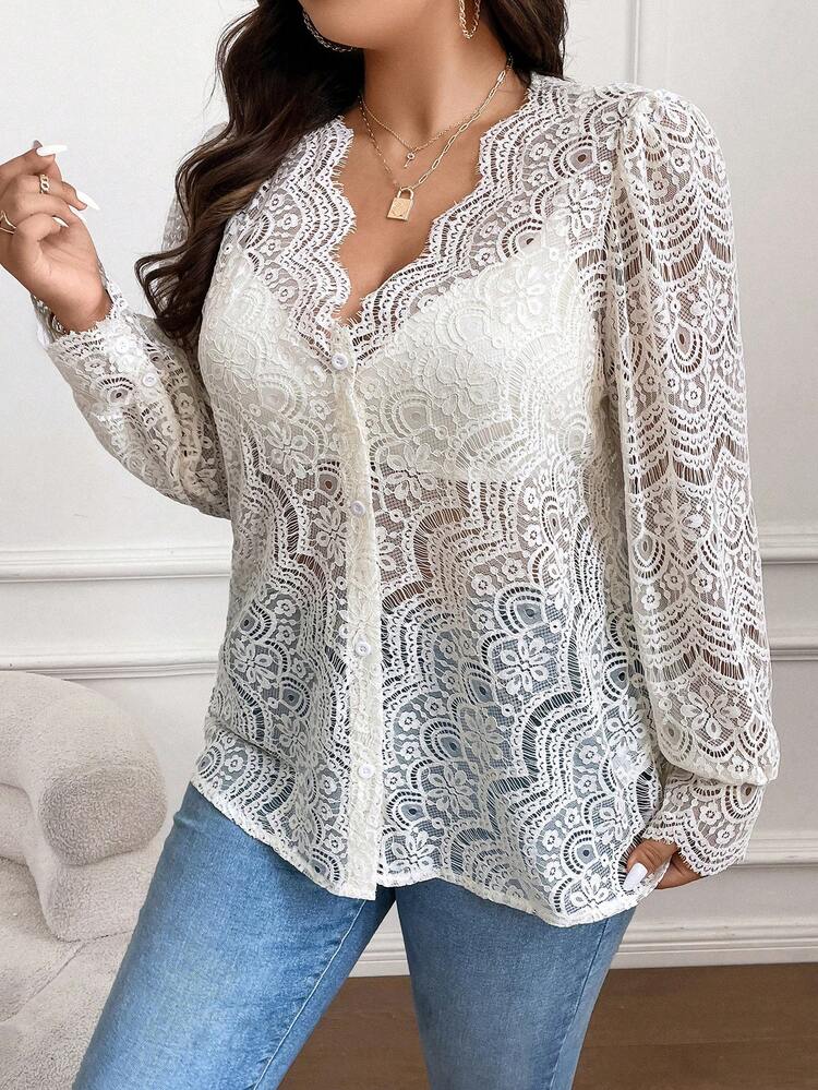 Plus Scallop Trim Button Front Lace Blouse