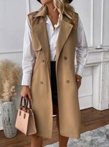 SHEIN LUNE Double Breasted Belted Vest Trench Coat - Khaki - View 5