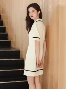 DAZY Contrast Binding Puff Sleeve Shirt Dress - White - View 2