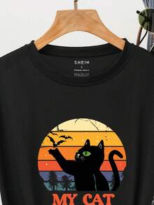 SHEIN EZwear Cat And Letter Graphic Tee - Black - View 3