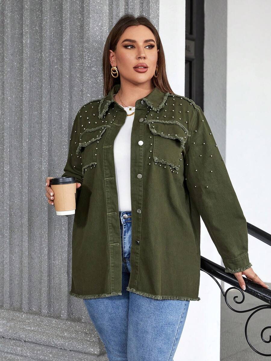 SHEIN Privé Hơn Chi tiết đáng kinh ngạc Cắt Thô Thả vai Áo khoác denim - xanh quân đội - Xem 1