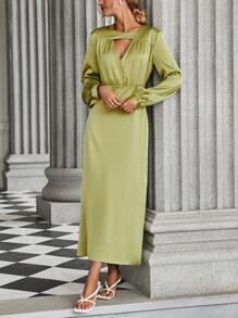 SHEIN Clasi Cắt ra phía trước Tay áo lồng đèn Đầm - màu xanh lá - Xem 4