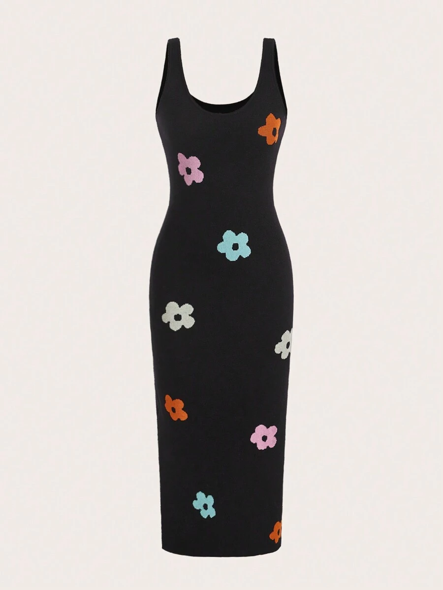 Soleia 花卉圖案高衩毛衣洋裝 - 黑色 - 查看 1