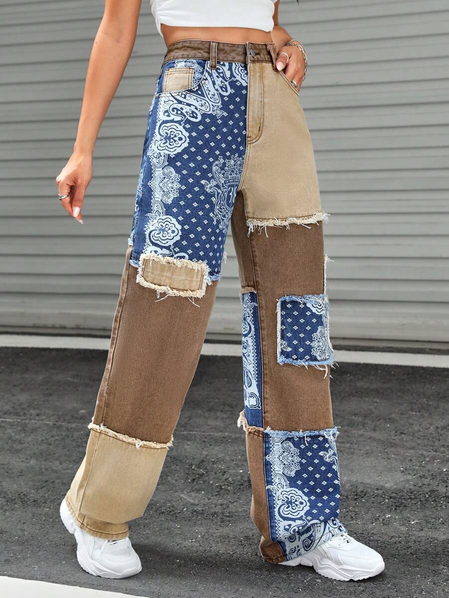 SHEIN EZwear Jeans con estampado de paisley de color combinado ribete crudo - Multicolor - Ver 1
