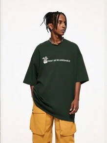 INFLATION Men Slogan Graphic Drop Shoulder Tee - Dark Green - View 2