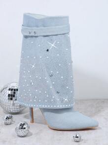 SHUZIA 水鑽裝飾尖頭細跟跟靴子 - 淺藍色 - 查看 4