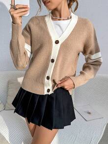 SHEIN Qutie 條紋圖案落肩袖開襟衫 - 棕色 - 查看 6