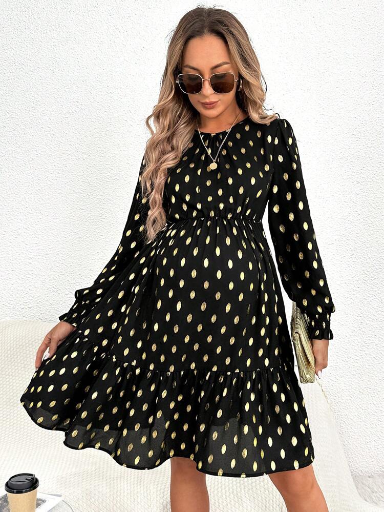 Maternity Gold Dot Print Flare Sleeve Ruffle Hem Dress