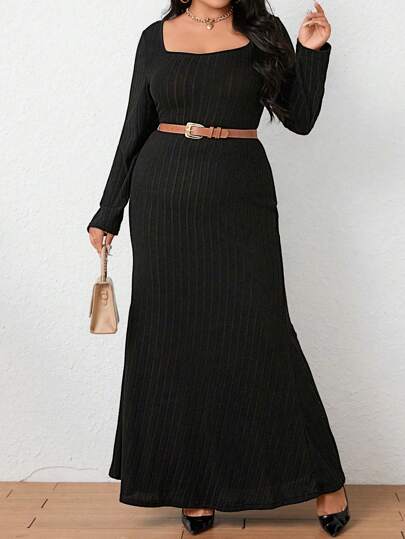 Celure Vestido largo de punto acanalado sin cinturón con cuello cuadrado para mujeres de talla grande