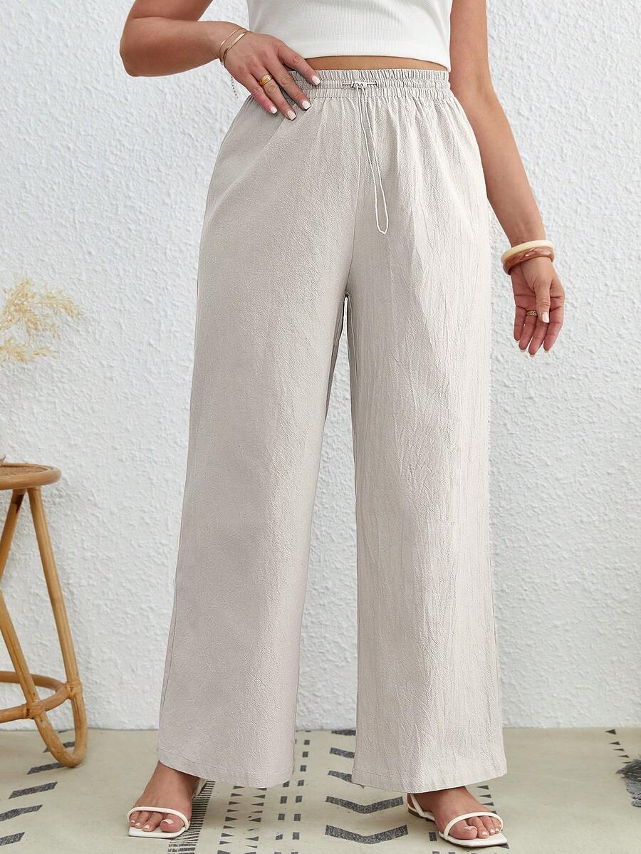 SHEIN VCAY Plus Solid Straight Leg Pants - Beige - View 1
